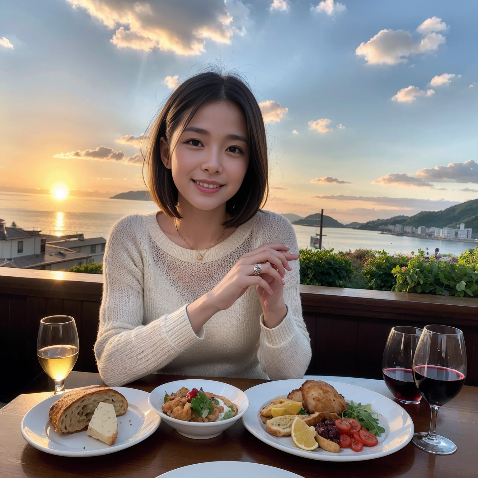 ((Highest quality、8k、masterpiece:1.3))、 (Genuineistic, Genuine、Bright image、Intricate details:1.2), 最高のsmile 男性1人 女性1人、美しいCouple、lover、Relatives and friends、actress Couple、Couple、モデルCouple、smile、Full-course dinner at a packed table、テーブルにwine glass、 (Slim face), (the body is slim), (Brown Hair), (short hair), Please shine a light on my face、 Amazing view of the sunset sky and clouds、 (age 34), 38 years old, red wine 、Appetizers、Wine bottle、sparkling wine、Long sleeve shirt、dress、White wine, red wine, wine glass,