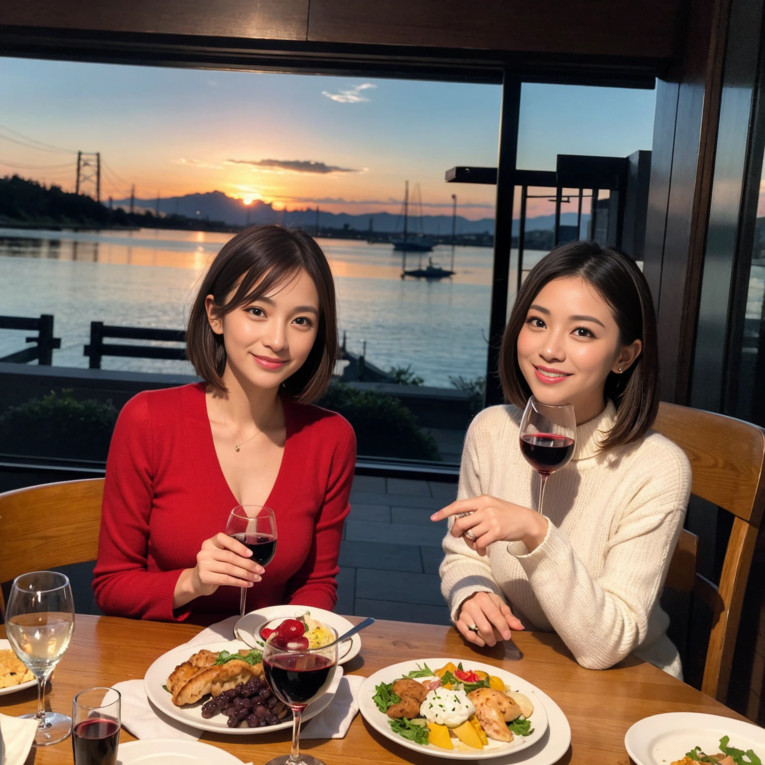 ((Highest quality、8k、masterpiece:1.3))、 (Genuineistic, Genuine、Bright image、Intricate details:1.2), 最高のsmile 男性1人 女性1人、美しいCouple、lover、Relatives and friends、actress Couple、Couple、モデルCouple、smile、Full-course dinner at a packed table、テーブルにwine glass、 (Slim face), (the body is slim), (Brown Hair), (short hair), Please shine a light on my face、 Amazing view of the sunset sky and clouds、 (age 34), 38 years old, red wine 、Appetizers、Wine bottle、sparkling wine、Long sleeve shirt、dress、White wine, red wine, wine glass,