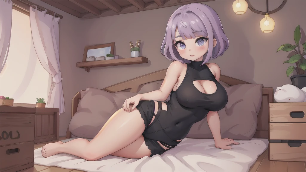 1girl, beautiful woman with emphasis on slim abs: 1.3, (short hair, big breasts: 1.2), tight tank top: 1.2, black tight shorts, sexy pose, sitting ,super delicate face, delicate eyes, double eyelids, home, sex with me face, oriental woman