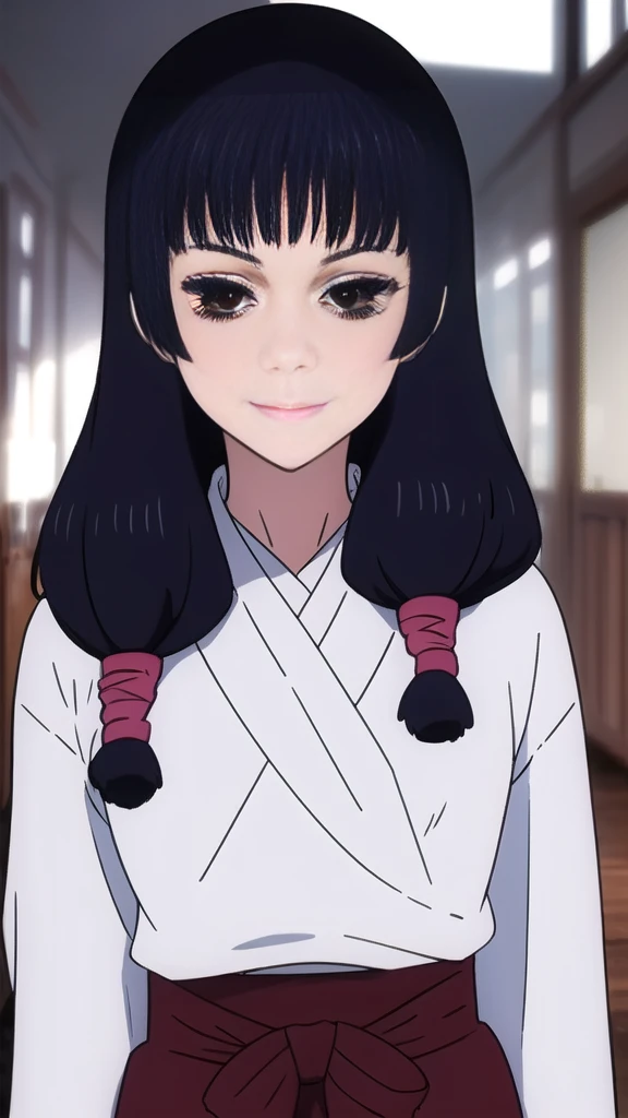 1girl, solo, long hair, solo, black hair, bow, hair bow, brown eyes, closed mouth, scar on face, bangs, ribbon, standing, hair ribbon, ponytail, white bow, scar on nose, half updo, blue shirt, grey pants, pov, smile, happy,
masterpiece, best quality,