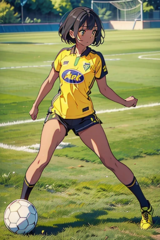 masterpiece, best quality, dark skin, short hair, yellow eyes, black hair, beautiful girl, thin, full body, plan boobs, short boobs, small boobs, short chest, big butt, wide thigh, green soccer jersey kit, drinking water bottle