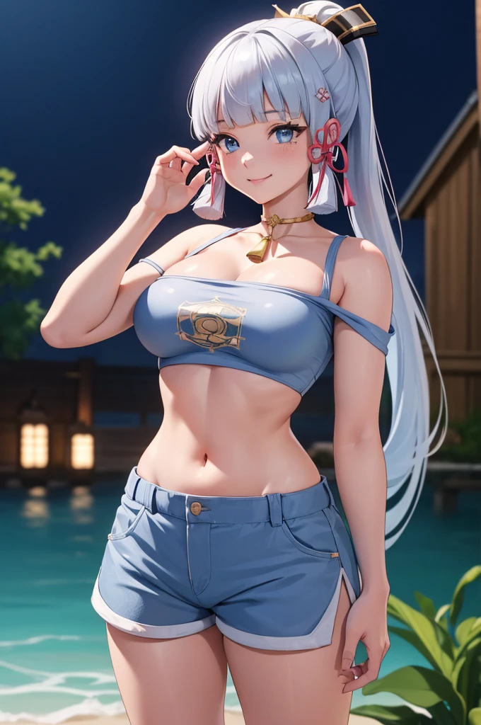 Masterpiece, high quality, 8k, ultra detail, ((kamisatoayakarnd)) standing, night,outdoors, (crop top), navel, (shorts), (off shoulders:1), choker, smile, armpit, (large ), (nude a