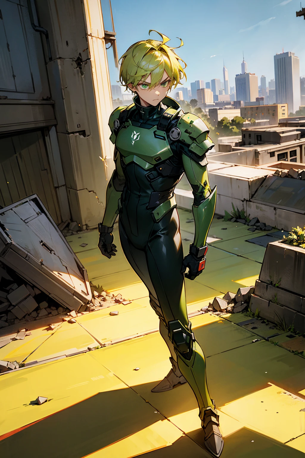 1male ,Green Hair,Yellow Highlighted Hair , Serious Expression , Black Bodysuit , Military Armored Combat Clothing , Standing in Ruined City Background ,