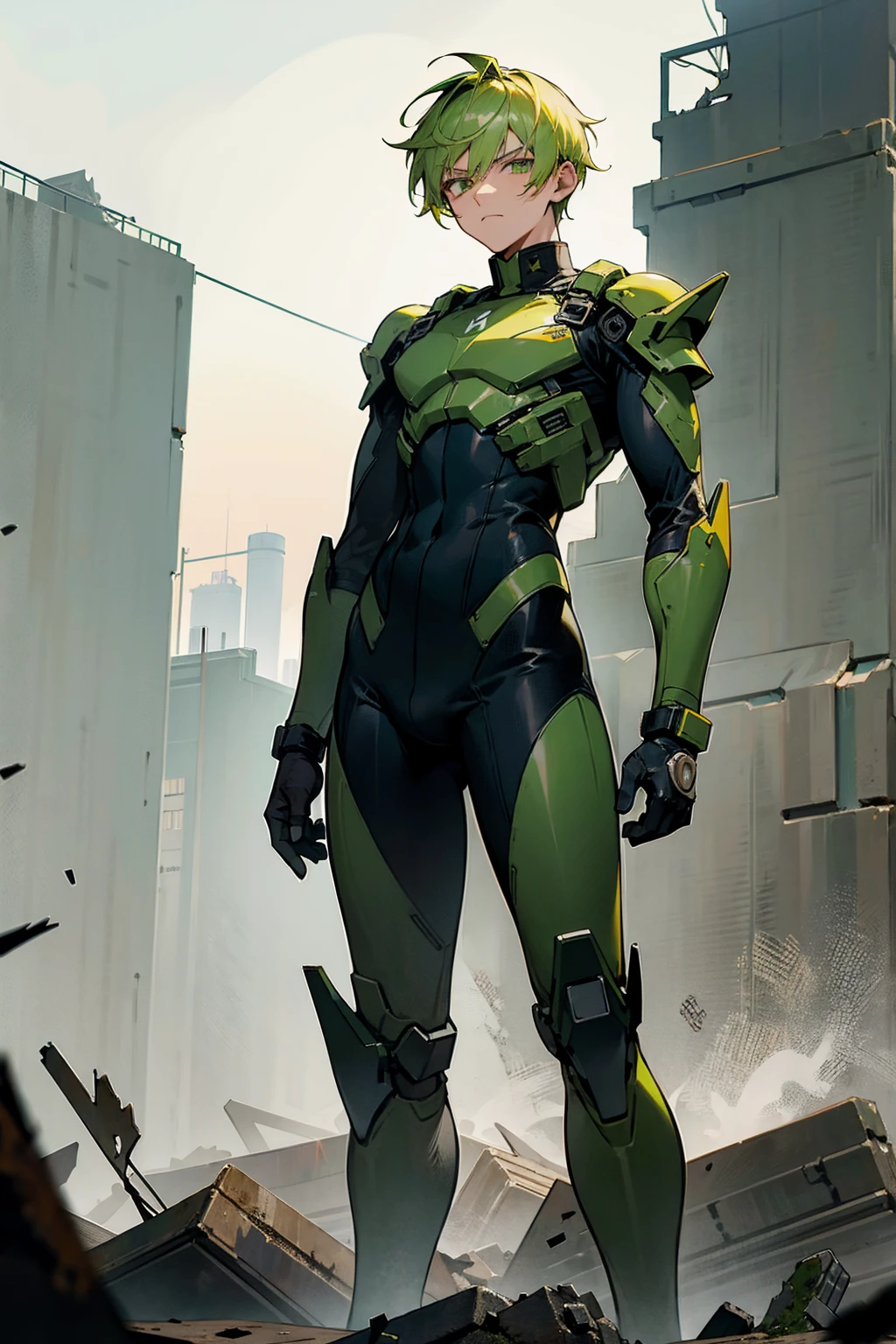 1male ,Green Hair,Yellow Highlighted Hair , Serious Expression , Black Bodysuit , Military Armored Combat Clothing , Standing in Ruined City Background ,