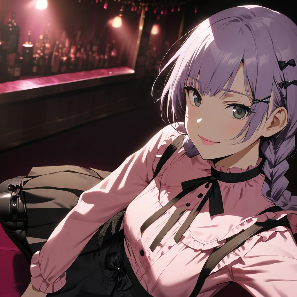 (Cute a girl:1.5), (a girl with closs hair pin,pale purple hair,wavy two braids,bluntbangs hair,green and black eyes,
pink shirt,cosplay, jirai kei, bangs, black skirt, black bow, looking at viewer, bow, long sleeves, choker, ribbon,pink lips,Thick-soled boots,fullbody shot :1.4),(masterpiece:1.3), anime visual, (Lovey-dovey:1.5), (tilt head:1.3), extremely delicate face, soft clean focus, realistic lighting and shading, (an extremely delicate and beautiful art:1.3), elegant, (muted colors:1.1), small breast,slim,The Moulin Rouge in Paris, mysterious pink light, a slightly dark room,look at viewer,smiling,morning lit,