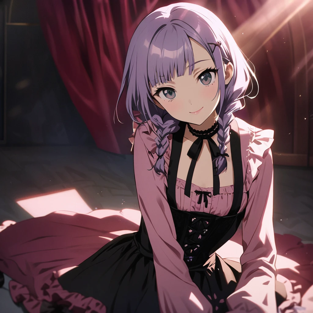 (Cute a girl:1.5), (a girl with closs hair pin,pale purple hair,wavy two braids,bluntbangs hair,green and black eyes,
pink shirt,cosplay, jirai kei, bangs, black skirt, black bow, looking at viewer, bow, long sleeves, choker, ribbon,pink lips,Thick-soled boots,fullbody shot :1.4),(masterpiece:1.3), anime visual, (Lovey-dovey:1.5), (tilt head:1.3), extremely delicate face, soft clean focus, realistic lighting and shading, (an extremely delicate and beautiful art:1.3), elegant, (muted colors:1.1), small breast,slim,The Moulin Rouge in Paris, mysterious pink light, a slightly dark room,look at viewer,smiling,morning lit,