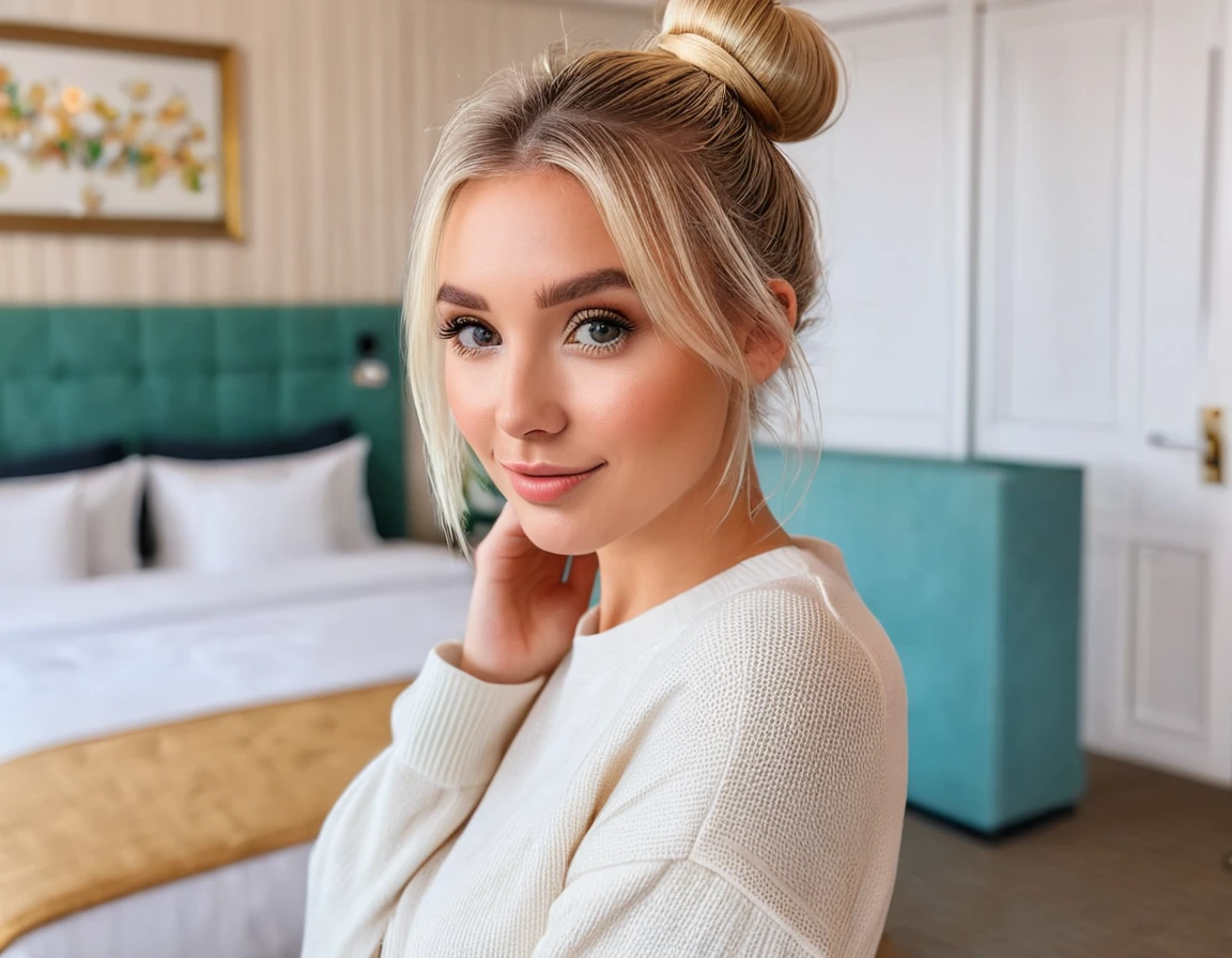 an eye contact of a blond with bun hair , cute and sweet poses , location 5 Star hotel background vibrant vibe