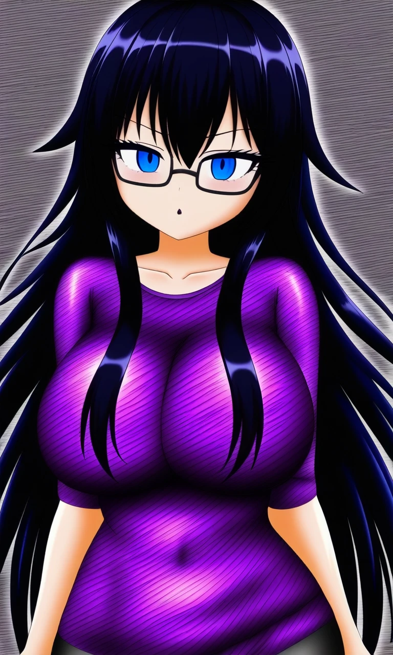 Black Hair、Long Hair、Straight bangs、Glasses、Sharp Eye、Eyelashes、Slanted Eyes、Big Breasts、blue eyes、Tshirt、pants、high resolution、Strong lighting、older sister