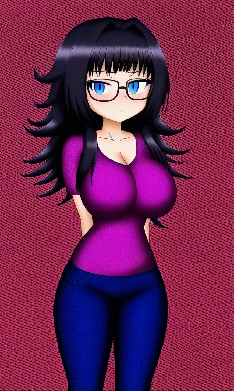 Black Hair、Long Hair、Straight bangs、Glasses、Sharp Eye、Eyelashes、Slanted Eyes、Big Breasts、blue eyes、Ｔshirt、pants、high resolution、Strong lighting、older sister