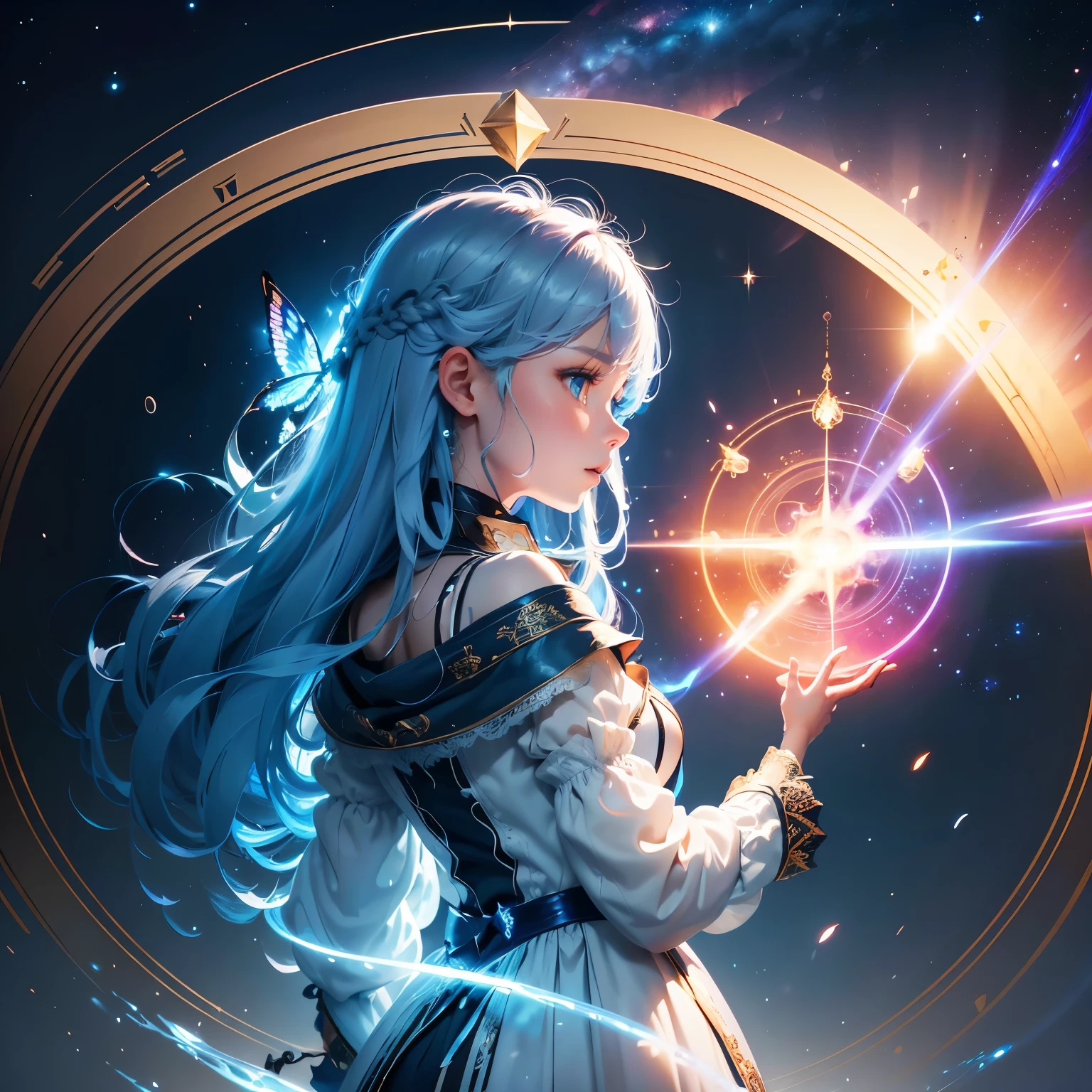 Highest quality,masterpiece,16K,One girl,Aurora,blue eyes,Blue Hair,star座,star座 print,Diffraction Spikes,dress,Earrings,Earth \(惑star\),firework,Milky Way,Sparkle,Have,jewelry,Particles of light,light,Light trail,Long Hair,Energy Circle,magicの形成,concentric circles,Long sleeve,magic,magic circle,milky way,night,night null,惑star,shooting star,null,alone,null間,Shine,Shine background,star \(null\),star \(symbol\),starry background,starry null,starry null print,very Long Hair,wing