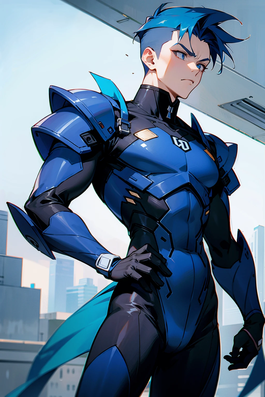 1male , Blue Hair , Undercut Hair , Unique Hair , Serious Expression , Black Bodysuit , Black Military Armored Combat Clothing , Standing in Modern City Background