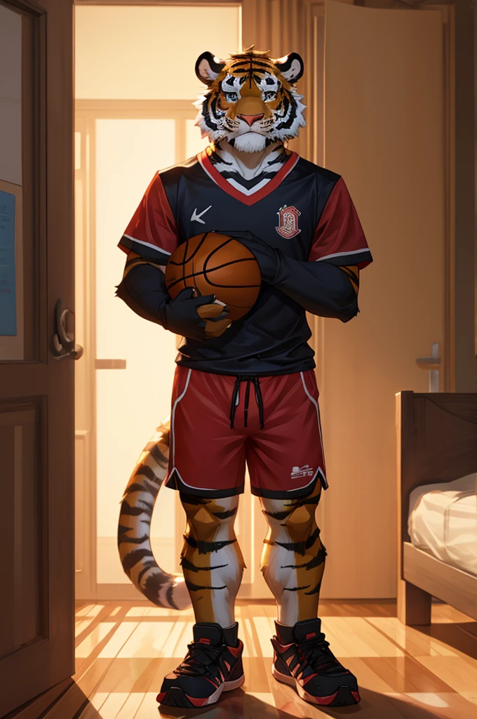 Tiger,High School Students,good-looking,Strong,strong,Regular height,Basketball clothes(Short black sleeves,Red shorts),Blushing cheeks,bedroom,The crotch is pronouncedly raised,Crotch bulge,Sexy,alone,Green,Close Range,Half face,shy,big eyes.