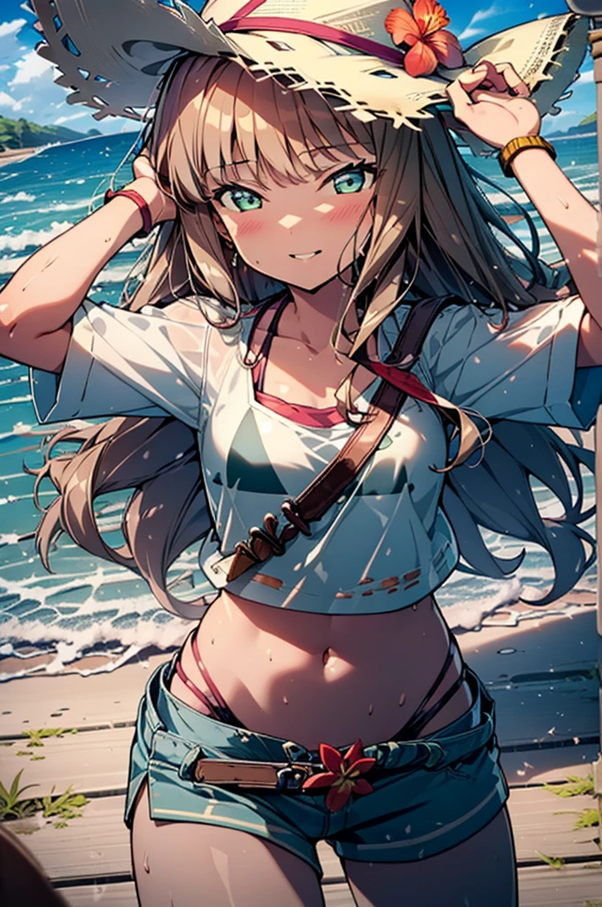Tropical Dream Bud,Tropical Dream Bud sss Dynazenon ,Brown Hair,Long Hair,Green Eyes,Big straw hat,smile,blush,Hibiscus hair accessory,Blue bikini swimsuit,barefoot,Oversized T-shirt,break outdoors, Beach,
break looking at viewer,whole body, (Cowboy Shot:1.5),
break (masterpiece:1.2), Highest quality, High resolution, unity 8k wallpaper, (figure:0.8), (Beautiful fine details:1.6), Highly detailed face, Perfect lighting, Highly detailed CG, (Perfect hands, Perfect Anatomy),