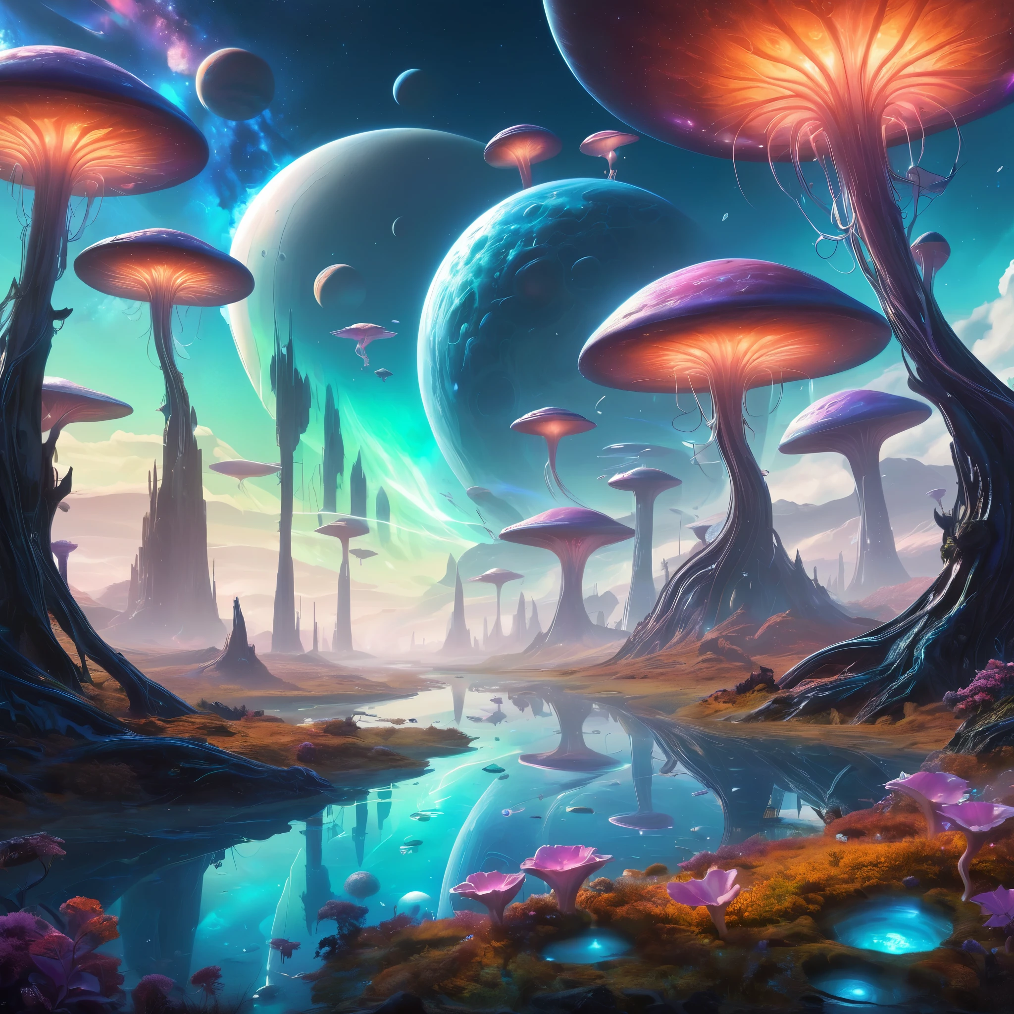 Create an incredibly mesmerizing and fantastical image depicting an "Alien Planet." Imagine a vast, otherworldly landscape that is both awe-inspiring and surreal. In the foreground, unique and vividly colored alien flora dominate the scene—giant, bioluminescent mushrooms, twisted trees with glowing leaves, and exotic flowers with iridescent petals.
The terrain is varied, featuring crystalline structures jutting out from the ground, rivers of liquid light flowing through the landscape, and floating islands hovering in the air, connected by beams of energy. The sky is a kaleidoscope of colors, with multiple moons and distant planets visible against a backdrop of swirling nebulae and countless stars.
In the background, an alien city rises, its architecture a blend of organic and technological elements, with towering spires, floating platforms, and luminescent pathways. Strange, ethereal creatures soar through the air, and the entire scene is bathed in a soft, otherworldly glow.
The overall color palette should be rich and diverse, with neon hues and contrasting shades to create a sense of wonder and alien beauty. The image should evoke a sense of exploration and discovery, capturing the breathtaking and mysterious essence of an alien planet.
