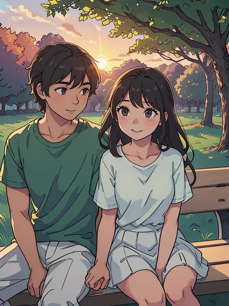 1 guy, 1 girl, sitting on a bench, park, boy with extra short black hair and dark brown skin tone, girl with loose wavy brown hair, stunning sunset lighting, realistic landscapes, beautiful detailed brown eyes, gentle smile, best quality, ultra-detailed, romantic atmosphere, sunset colors, warm and soft lighting, lovers in the park, happy and relaxed facial expression, subtle and natural poses, soft wind, sun rays shining through the trees, peaceful and serene setting, happy couple enjoying the moment, beautiful summer evening, green lushness, bright colors, dreamy atmosphere, whispering sweet words, sparkling eyes, sunset glow, couples in love, romantic date, Love is in the air, girl in a shirt and skirt