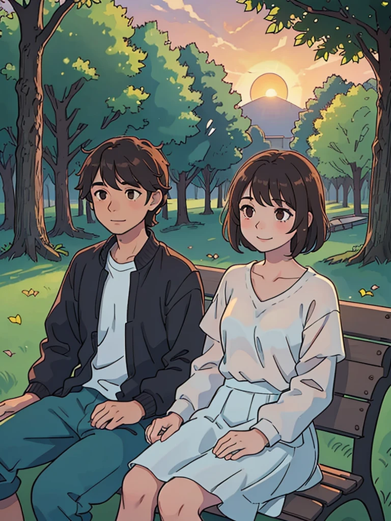 1 guy, 1 girl, sitting on a bench, park, boy with extra short black hair and dark brown skin tone, girl with loose wavy brown hair, stunning sunset lighting, realistic landscapes, beautiful detailed brown eyes, gentle smile, best quality, ultra-detailed, romantic atmosphere, sunset colors, warm and soft lighting, lovers in the park, happy and relaxed facial expression, subtle and natural poses, soft wind, sun rays shining through the trees, peaceful and serene setting, happy couple enjoying the moment, beautiful summer evening, green lushness, bright colors, dreamy atmosphere, whispering sweet words, sparkling eyes, sunset glow, couples in love, romantic date, Love is in the air, girl in a shirt and skirt