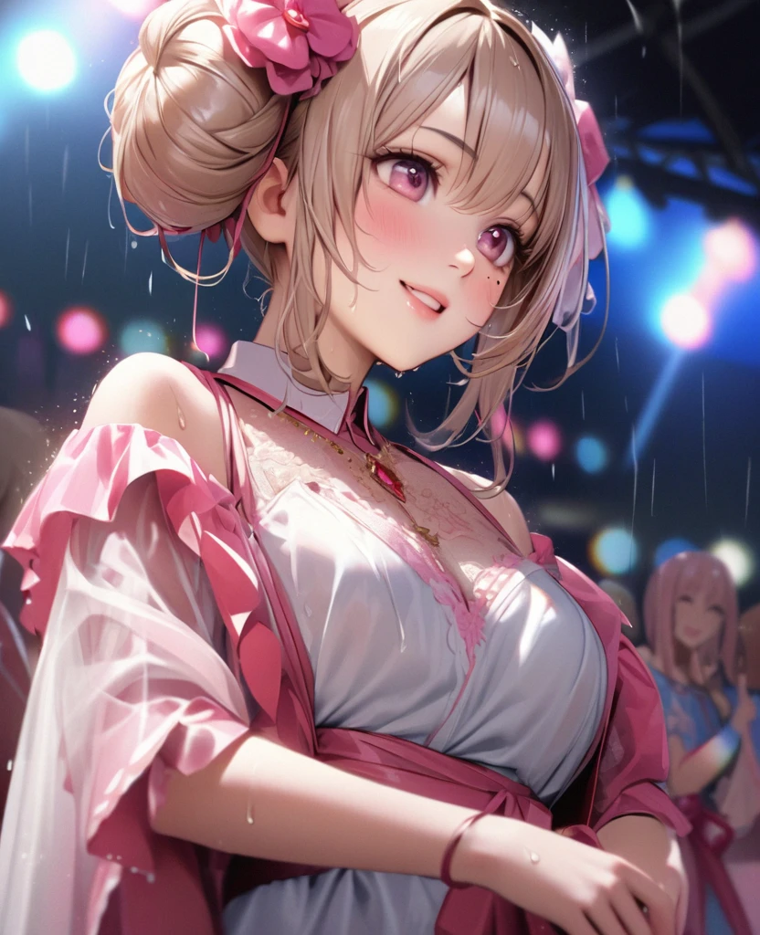 One Girl、Looking at the audience、lovely,
Beautiful pink eyes、Two brown double hair buns , Mole under the eye、Plump and glossy lips、Heart-shaped choca、Idol、Her name is May,smile、ー、。.。.。.。.。.。.。.。.。.。.。.。.。.。.。.。.。.。.3D、Realistic、
The idol's costume was soaked in the heavy rain, and her chest was wet and transparent.Heavy rain at outdoor concert, Drape clothes、gem、The decoration has been removed、Floral、Lace trim,On a glittering stage、
masterpiece、highest quality、8k、Detailed skin texture、Detailed cloth texture、Beautifully detailed face、Intricate details、Very detailed、
超A high resolution、8k Ultra HD、Film Grain、Best Shadow、delicate、Gazing at the audience、front