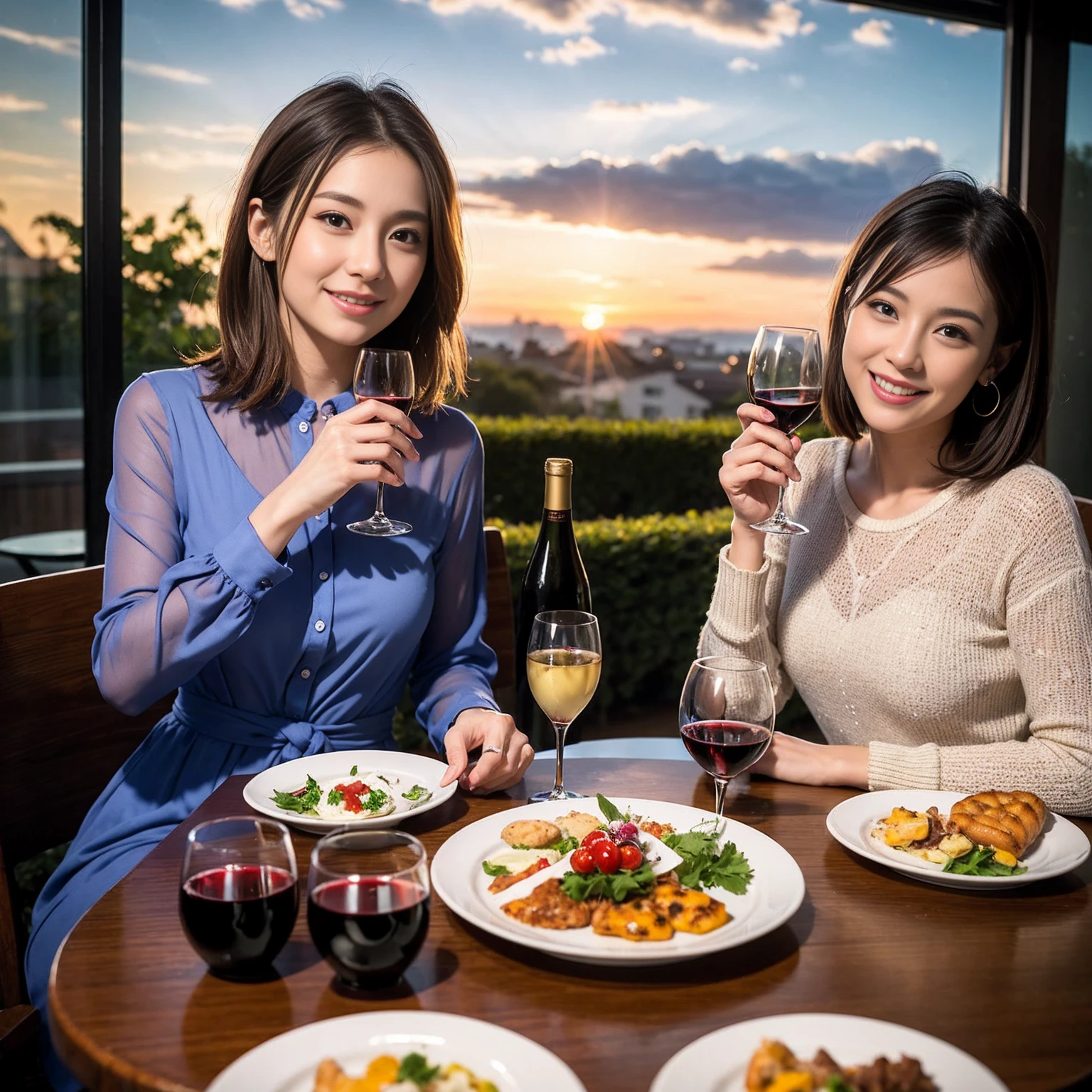 ((Highest quality、8k、masterpiece:1.3))、 (Genuineistic, Genuine、Bright image、Intricate details:1.2), Best smile 1 man 1 woman、Beautiful Couple、Lovers、Relatives and friends、actress couple、couple、Model Couple、Smile、A full-course dinner with a full table、テーブルにwine glass、 (Slim face), (The body is slim), (Brown Hair), (short hair), Please shine a light on my face、 Amazing view of the sunset sky and clouds、 (age 34), 38 years old, red wine 、Appetizers、Wine bottle、sparkling wine、Long sleeve shirt、dress、White wine, red wine, wine glass, 