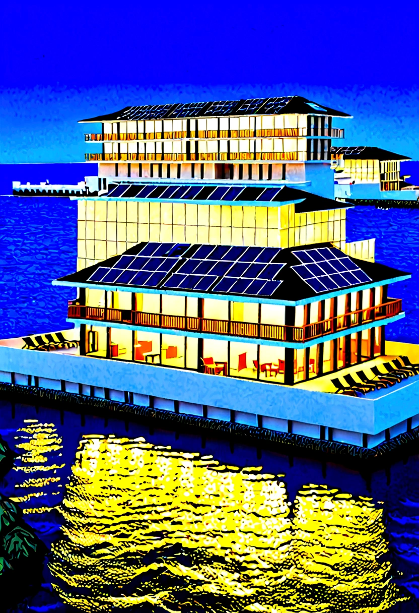 Un hotel con casas ubicado debajo del mar con paneles solares en un estilo realista