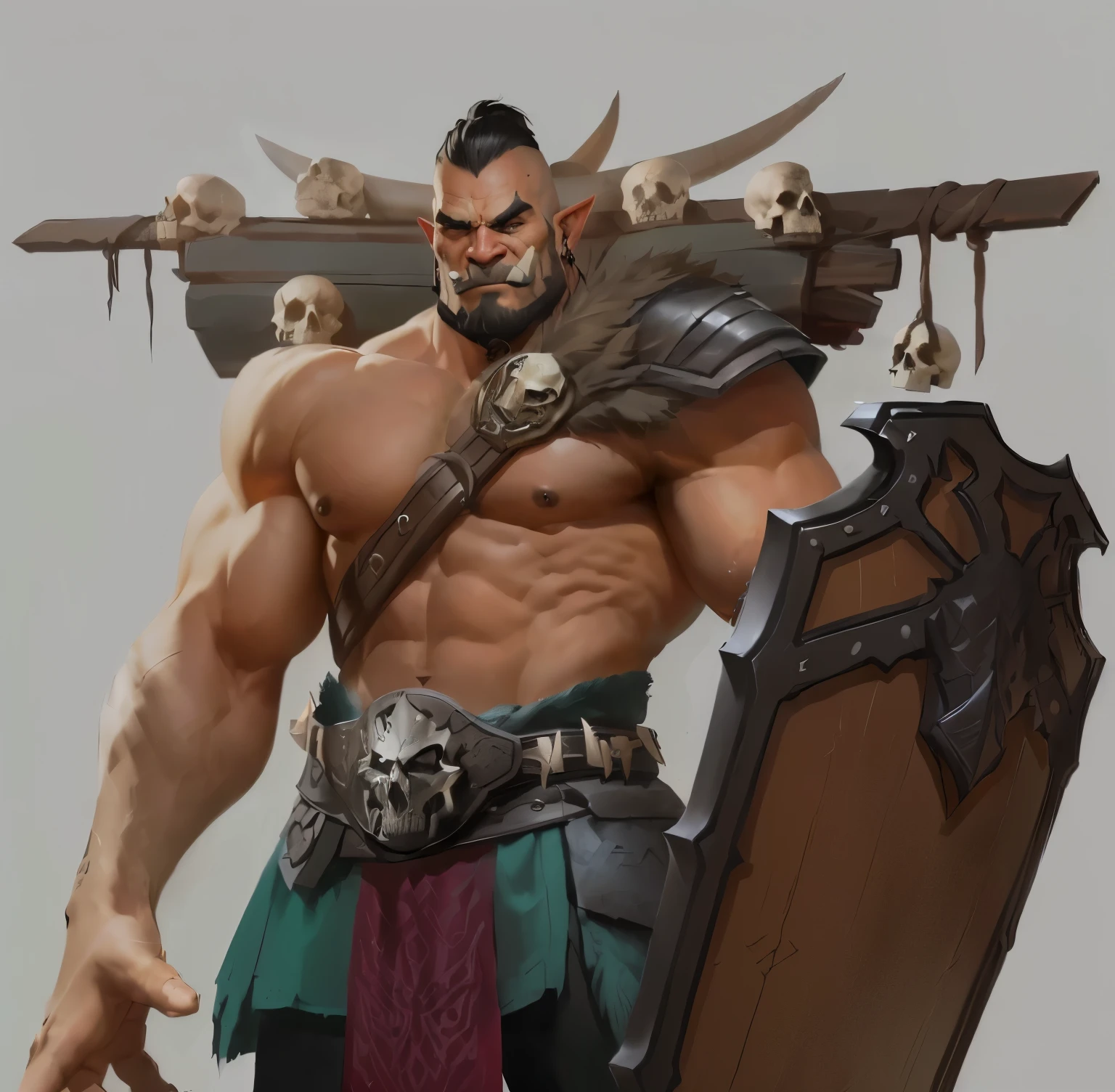 There is a man with a sword and a shield,There are skeletons on it, barbarian class, barbarian, Grog Stromger, Berserker Portrait, Concept art of the warrior, Photo of an adult male warrior, male barbarian, Dog Face Muscle Goblin, portrait berserker barbarian, Tyler Edlin Fantasy Art, feng zhu concept art, dnd giant character concept