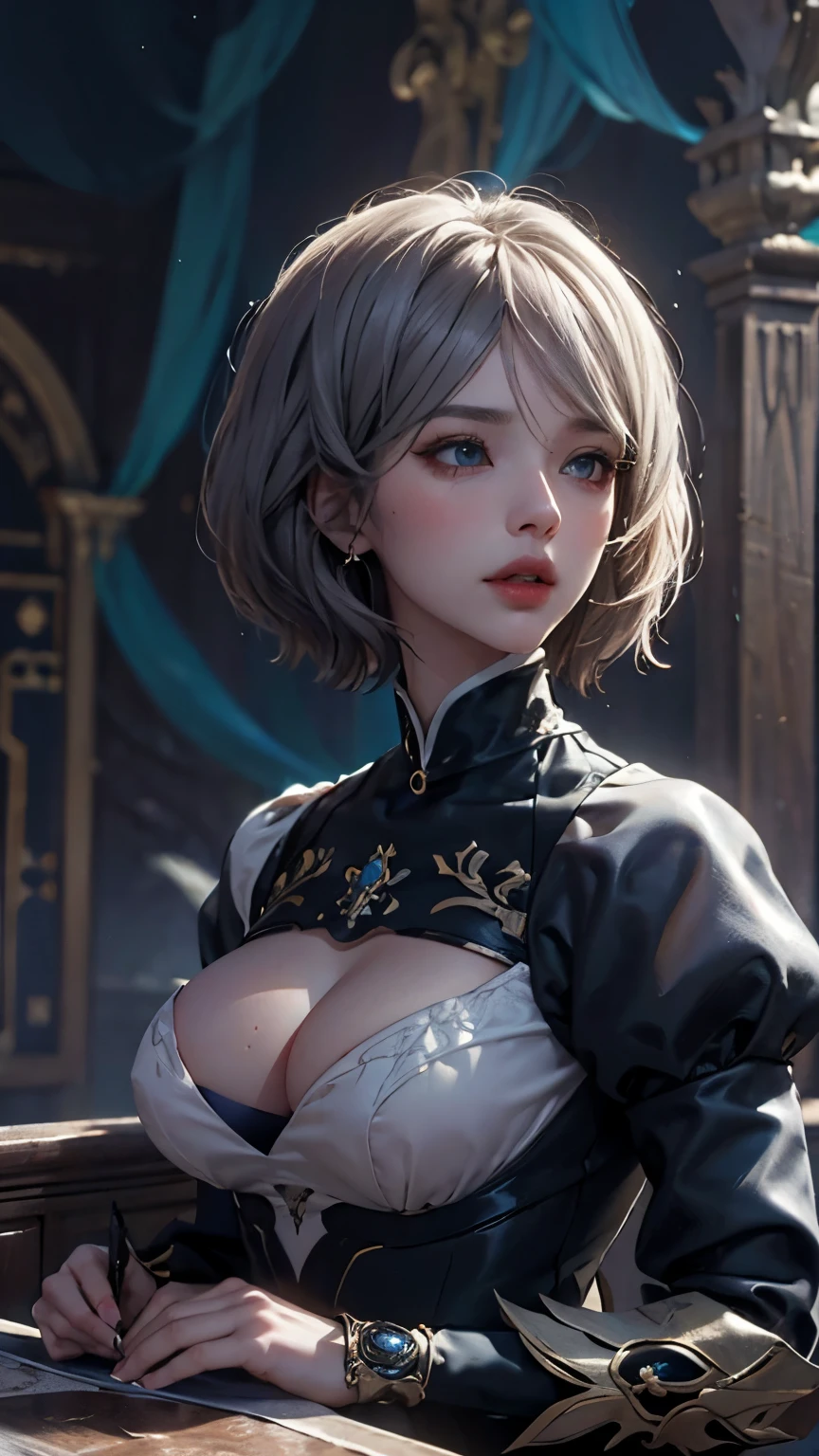 Portrait of a Spiritual Goddess, (yorha no.2 Type B, 2B, One girl, alone, short hair, Gray Hair, hair band, big bouncing bust), complicated, elegant, Very detailed, Digital Painting, Art Station, Concept Art, Smooth, Sharp focus, figure, ArtJam、Greg Rutkowski、Alphonse Mucha、William Adolphe Bouguereau、Art by Stephanie Law , Magnificent royal background, large crown, Royal Jewels, robot, nature, Full Shot, Symmetric, Greg Rutkowski, Charlie Bowwater, Beep, Unreal 5, Surreal, Dynamic Lighting, Fantasy art, complicatedな色, Colorful magic circle, flash, lightning, light, Shining Castle