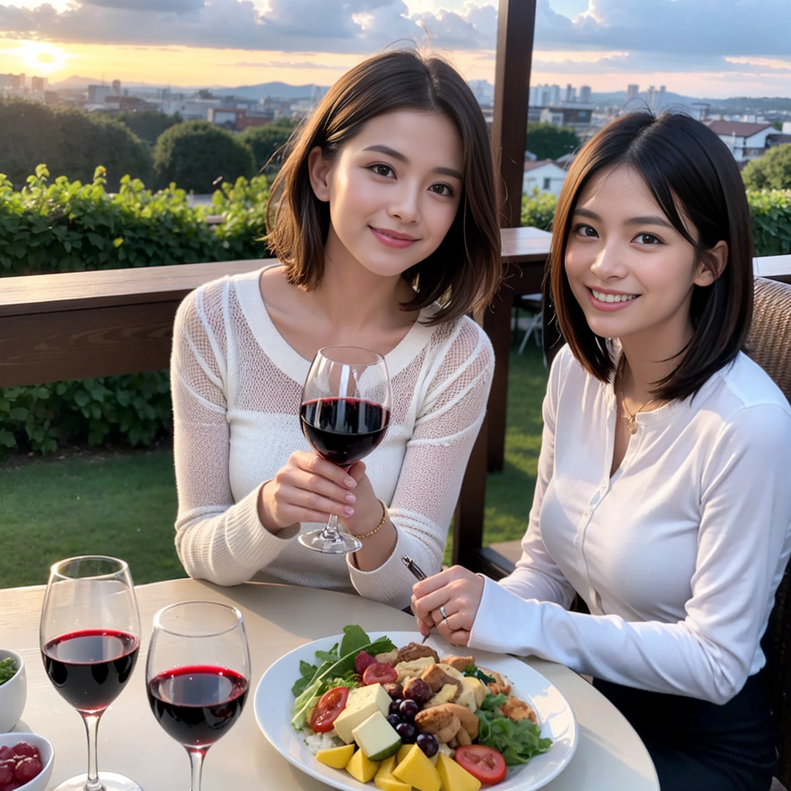 ((Highest quality、8k、masterpiece:1.3))、 (Genuineistic, Genuine、Bright image、Intricate details:1.2), 最高のsmile 男性1人 女性1人、Beautiful Couple、Lovers、Relatives and friends、spouse、actresodel couple、smile、A full-course dinner with a full table、 (Slim face), (the body is slim), (Brown Hair), (short hair), テーブルのwine glass、Please shine a light on my face、 Amazing view of the sunset sky and clouds、 (Age 33)38 years old, red wine 、Appetizers、Wine bottle、sparkling wine、Long sleeve shirt、dress、White wine, red wine, wine glass, 