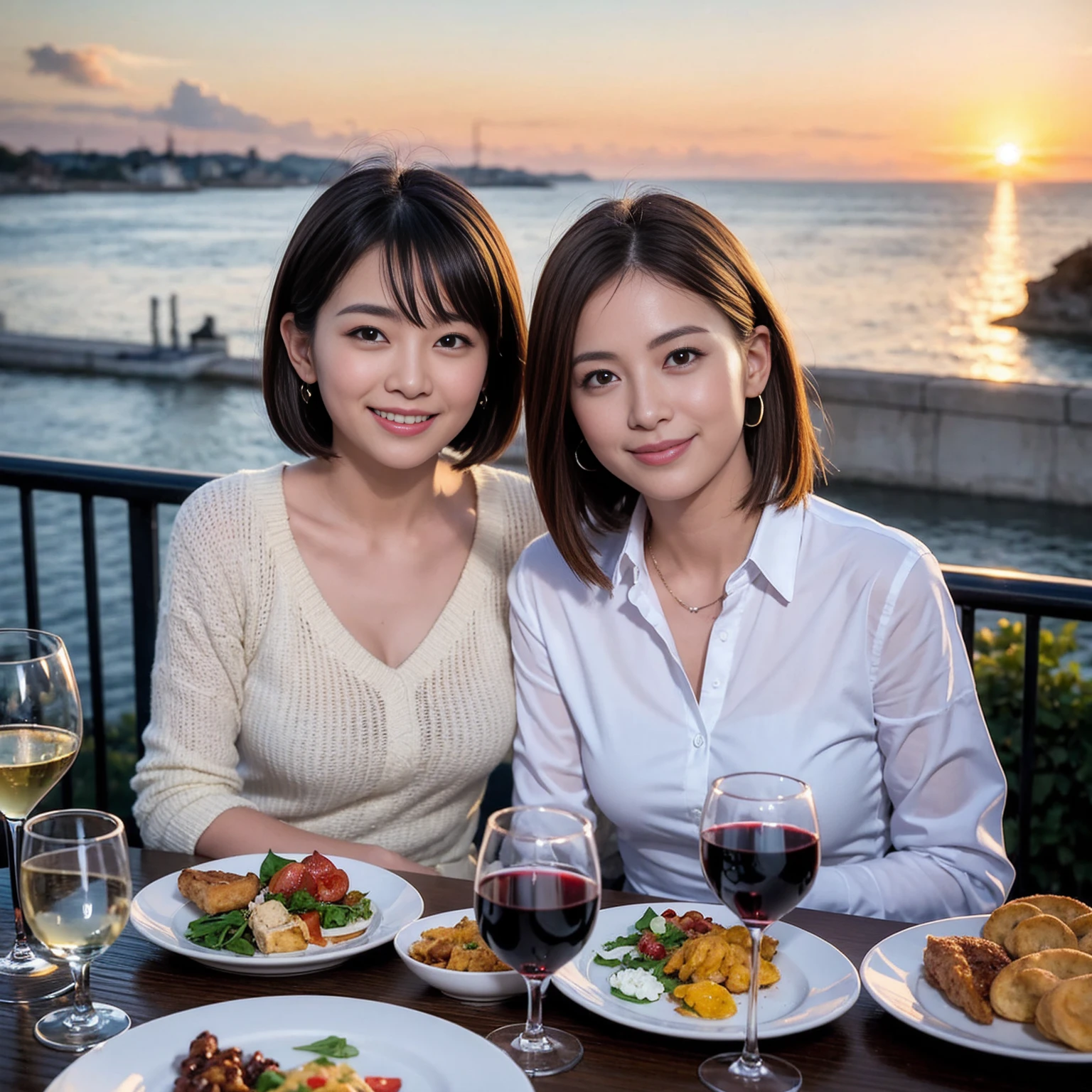 ((Highest quality、8k、masterpiece:1.3))、 (Genuineistic, Genuine、Bright image、Intricate details:1.2), 最高のsmile 男性1人 女性1人、Beautiful Couple、Lovers、Relatives and friends、spouse、actresodel couple、smile、A full-course dinner with a full table、 (Slim face), (the body is slim), (Brown Hair), (short hair), テーブルのwine glass、Please shine a light on my face、 Amazing view of the sunset sky and clouds、 (Age 33)38 years old, red wine 、Appetizers、Wine bottle、sparkling wine、Long sleeve shirt、dress、White wine, red wine, wine glass, 