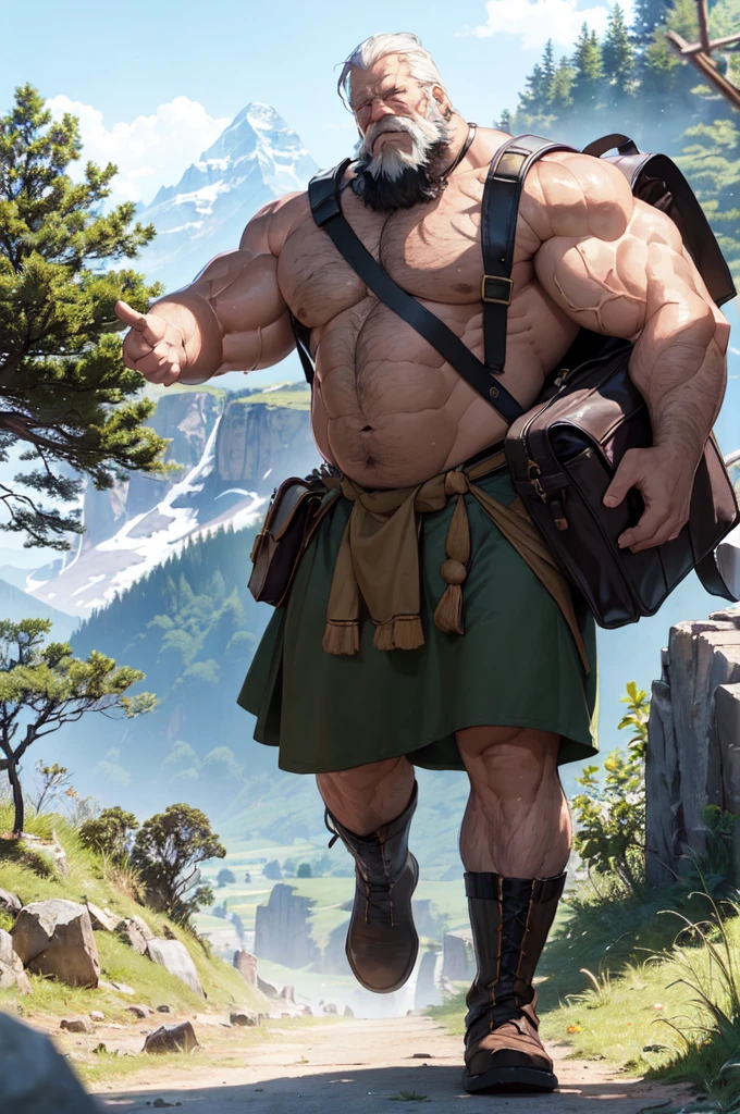 ((hand, refer to, Handbags, perfect hand)) (Highest quality,4K,8k,High resolution,masterpiece:1.2),Super detailed,(Realistic,photoRealistic,photo-Realistic:1.37),Muscular、Old man in loincloth、Huge penis、bulge、Amazing muscles、Big body、Very strong beard、landscape,rock,Steep Road,adventure,Heavy backpack,Long white beard,Powerful Weapons,Leather boots,Exhausted,Sweaty,A majestic mountain in the distance々,Gust of wind,Tall tree々,Cool breeze,Decide,peaceful,Calm,Gentle lighting