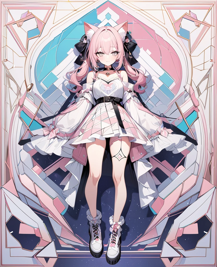 ,beautiful flower々）,Mole under the eye, Heart-shaped choker, (masterpiece, Highest quality), Official Art, beautifully、aesthetic: 1.2), (1 Girl), Very detailed, (Geometry Art: 1.3), colorful、Pink Bob Hair、Cat ear、 whole body