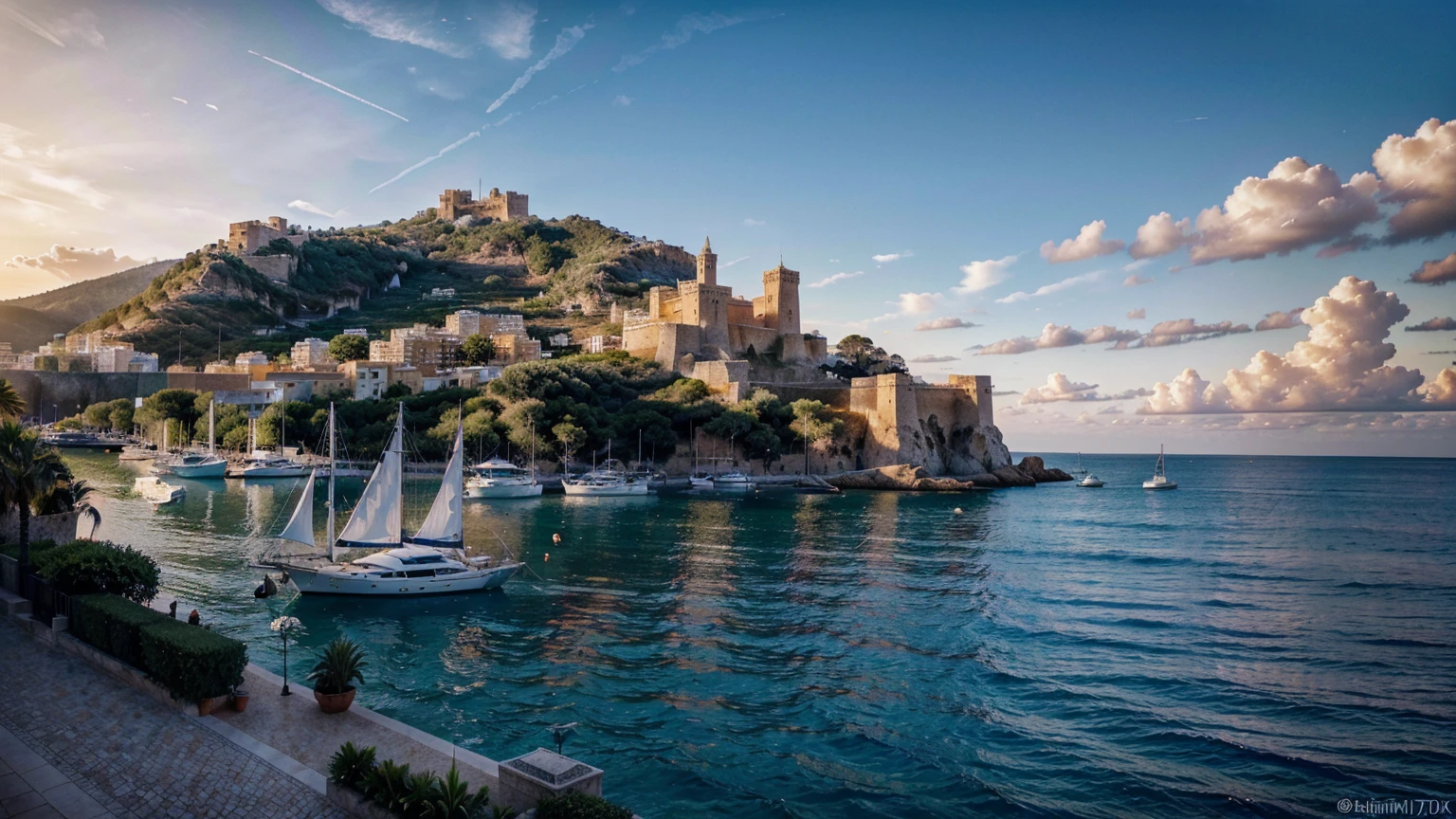 (ultra-high definition, hyper-realistic, highly detailed, high quality, sharp focus, professional lighting, vivid colors, intricate details), (Castell de Eivissa beach in Ibiza Spain background with water, yachts, boats, detailed architecture, people, vibrant atmosphere), (best quality,4k,8k,16k,Highest,masterpiece:1.2),(realistic,photorealistic,photo-realistic:1.37), (extremely detailed CG unit, 16k wallpaper), 16k UHD, 16k HDR, Fujifilm XT3 sharp focus, professional lighting, vivid colors, intricate details, film grain, Fujifilm XT3 realistic painting art, f5.6, physically-based rendering, natural lighting, cinematic lighting ,dramatic lighting, professional, dynamic movement, colorful lighting, vibrant colors, studio lighting, professional photography, cinematic composition, symmetrical framing, landscape, Utilize state-of-the-art deep learning models and adjust parameters according to quality metrics such as Structural Similarity (SSIM) and Perceptual Loss to create an image that is indistinguishable from a real, high-quality photograph, fine-tuning, (be creative),