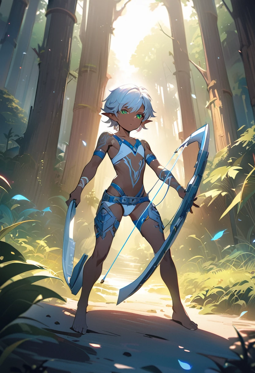 1boy, trap, wood elf, short white hair, green eyes, full lips, dark skin, white tribal tattoos, flat chest, thong, holding a bow, fantasy background, textured skin, UHD, UHD, UHD, UHD, award winning, high details, incredible high-key lighting and shadows, masterpiece, incredible illustration (anime style:1.5), modernism art, digital art pastel style, forest background