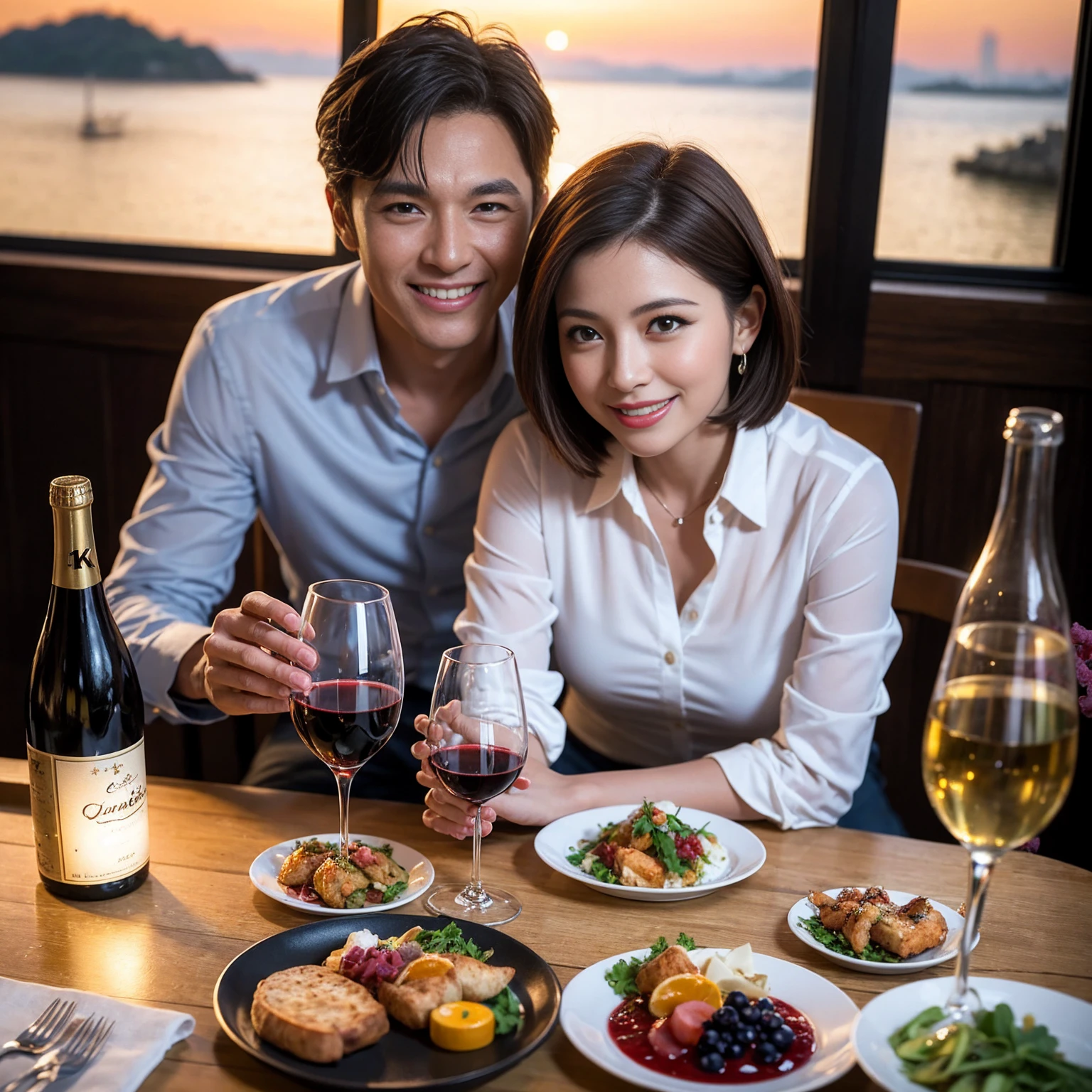 ((Highest quality、8k、masterpiece:1.3))、 (Genuineistic, Genuine、Bright image、Intricate details:1.2), Best smile 1 man 1 woman、Beautiful Couple、Lovers、Relatives and friends、actress couple、couple、Model Couple、Smile、A full-course dinner with a full table、テーブルにwine glass、 (Slim face), (The body is slim), (Brown Hair), (short hair), Please shine a light on my face、 Amazing view of the sunset sky and clouds、 (Age 43), 38 years old, red wine 、Appetizers、Wine bottle、sparkling wine、Long sleeve shirt、dress、White wine, red wine, wine glass,