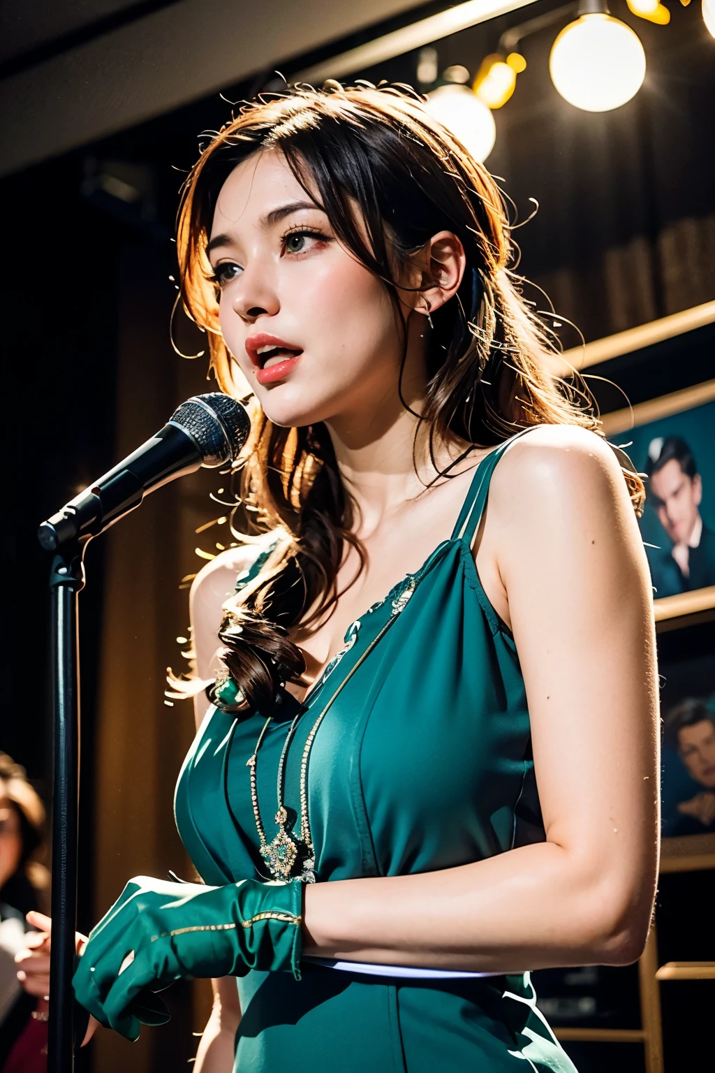 best quality,4K,8K,high quality,masterpiece:1.2),very detailed,(realistic,photorealistic,photo-realistic:1.37), vivid colors, stage spotlight, vintage microphone, Elegant hair, elegant pose, dynamic atmosphere, stylish interior, Classic Jazz Age Atmosphere, captivating performance, a touching expression, animated jazz band, rhythmic music, passionate singing, Microphone Stand, lively crowd, charming atmosphere, Seamless visual composition, fascinating red lighting, Dorothea, long hair, green eyes, wearing a light green dress, long white elbow gloves, Holding an old 1920s microphone, jazz club background, singing