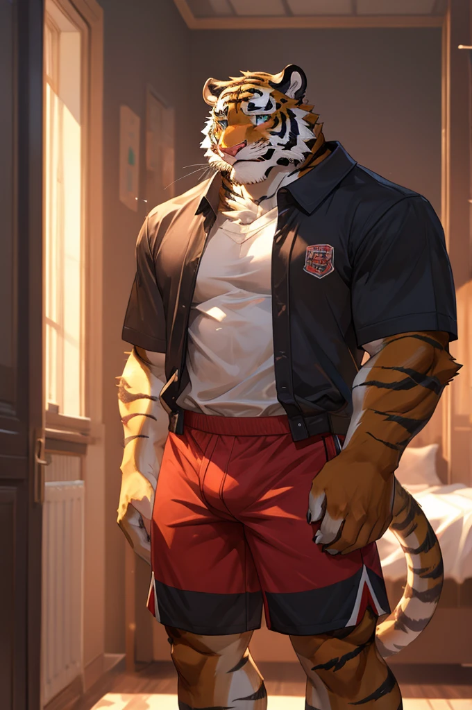 Tiger,High School Students,good-looking,Strong,strong,Tiger背熊腰常规身高,Basketball clothes(Short black sleeves,Red shorts),Blushing cheeks,bedroom,The crotch is pronouncedly raised,Crotch bulge,Sexy,alone,Green,Close Range,Half face,shy,big eyes.