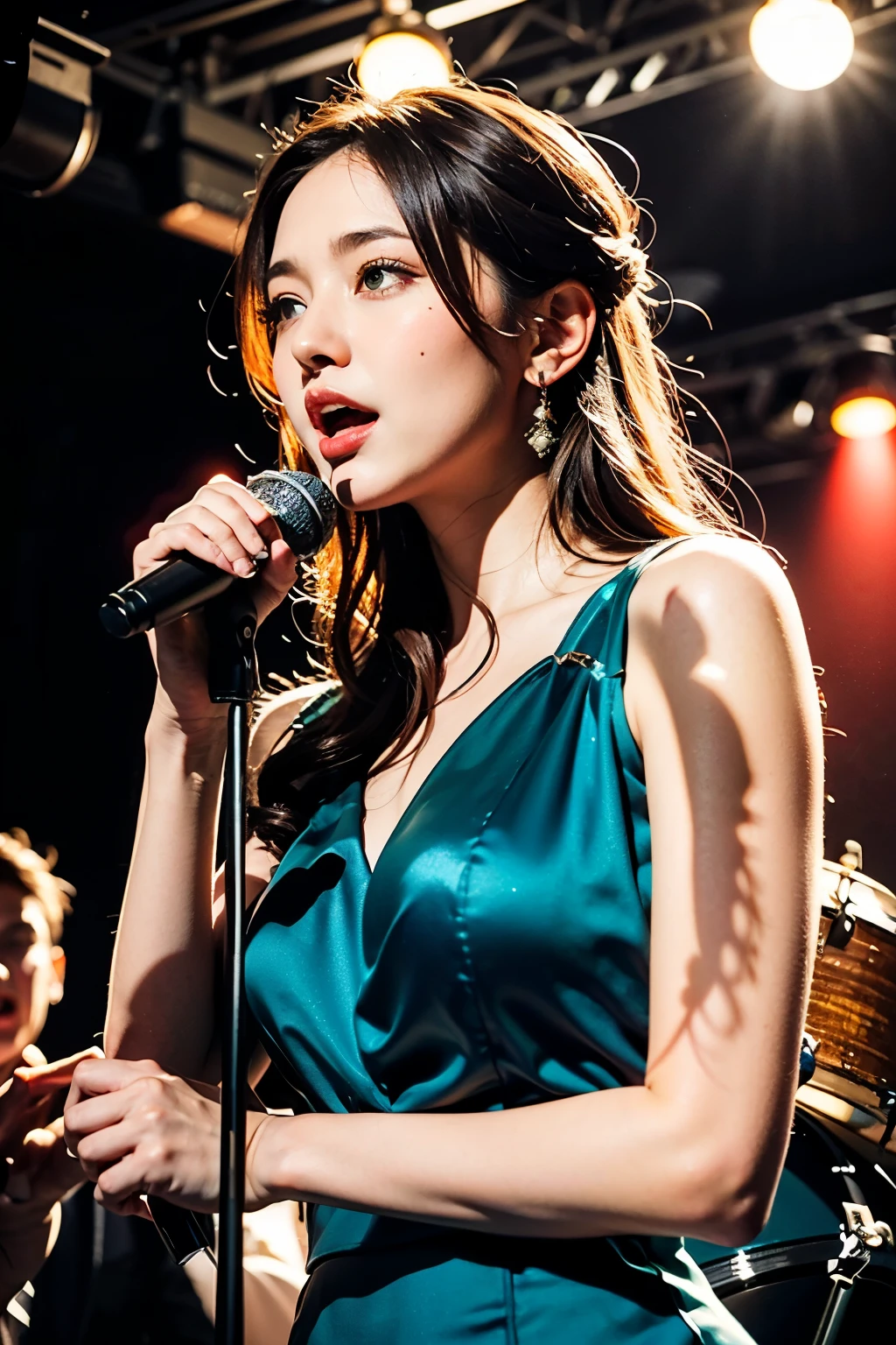 best quality,4K,8K,high quality,masterpiece:1.2),very detailed,(realistic,photorealistic,photo-realistic:1.37), vivid colors, stage spotlight, vintage microphone, Elegant hair, elegant pose, dynamic atmosphere, stylish interior, Classic Jazz Age Atmosphere, captivating performance, a touching expression, animated jazz band, rhythmic music, passionate singing, Microphone Stand, lively crowd, charming atmosphere, Seamless visual composition, fascinating red lighting, Dorothea, long hair, green eyes, wearing a light green dress, long white elbow gloves, Holding an old 1920s microphone, jazz club background, singing