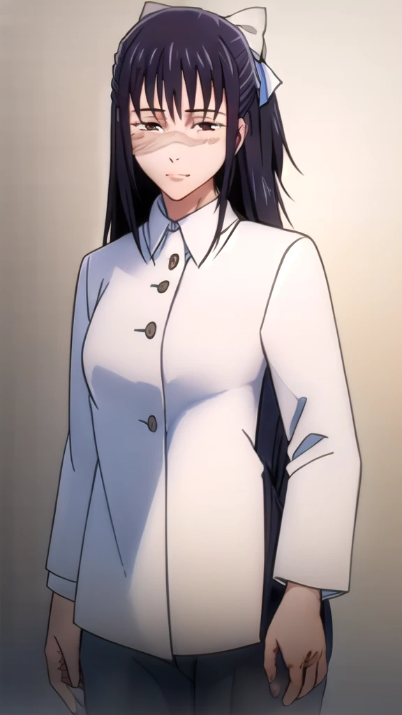 1girl, solo, long hair, solo, black hair, bow, hair bow, brown eyes, closed mouth, scar on face, bangs, ribbon, standing, hair ribbon, ponytail, white bow, scar on nose, half updo, blue shirt, grey pants, pov, smile, happy,
masterpiece, best quality,