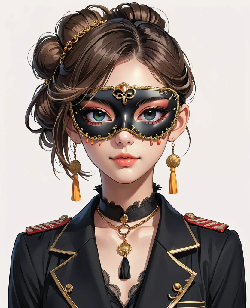 (Digital Illustration，Detailed anime style，Tassel-decorated eye mask，Portrait of girl wearing mask eye patch，Solitary，symmetry)，(Big colorful eyes，Fashionable and exquisite facial features，Exquisite makeup，Sweet smile，Soulful gaze，)，(Fluffy bun，Hairpin)，(Black suit，Epaulettes-Chain，cool，)，Clean and simple white background，(((Correct human anatomy)))