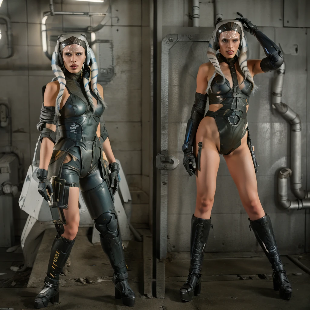 there are two pictures of a Аhsoka in a uniform and a Аhsoka in a suit, metal gear solid art style, metal gear solid style, metal gear solid inspired, inspired by Masamune Shirow, metal gear solid anime cyberpunk, video game fanart, from metal gear, metal gear style, commission for high res, cyberpunk Аhsoka , metal gear solid concept art