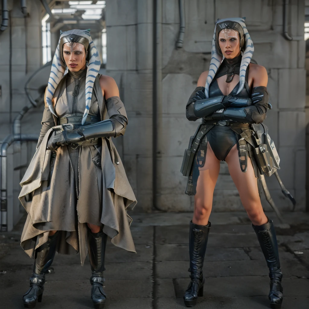 there are two pictures of a Аhsoka in a uniform and a Аhsoka in a suit, metal gear solid art style, metal gear solid style, metal gear solid inspired, inspired by Masamune Shirow, metal gear solid anime cyberpunk, video game fanart, from metal gear, metal gear style, commission for high res, cyberpunk Аhsoka , metal gear solid concept art