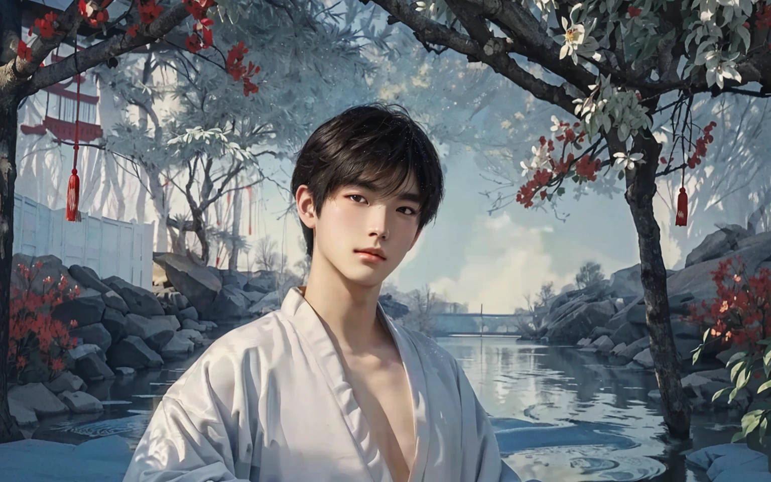 white robe good-looking boy,age boy,handsome boy,traditional Chinese painting,traditional Chinese art,(((looking at you))),(gazing at you)