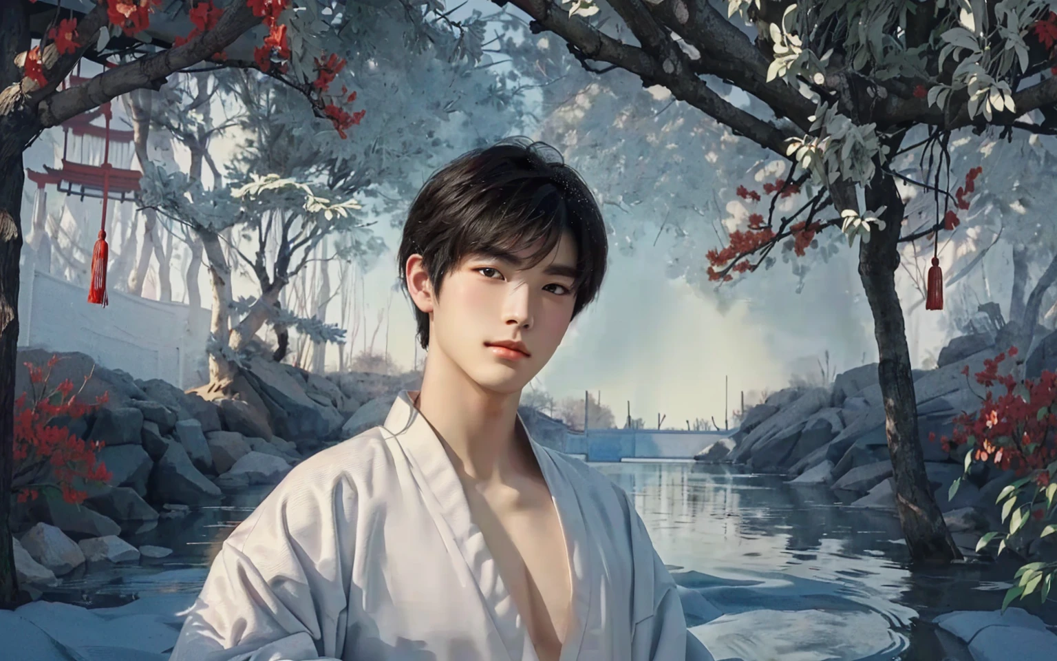 white robe good-looking boy,age boy,handsome boy,traditional Chinese painting,traditional Chinese art,(((looking at you))),(gazing at you)