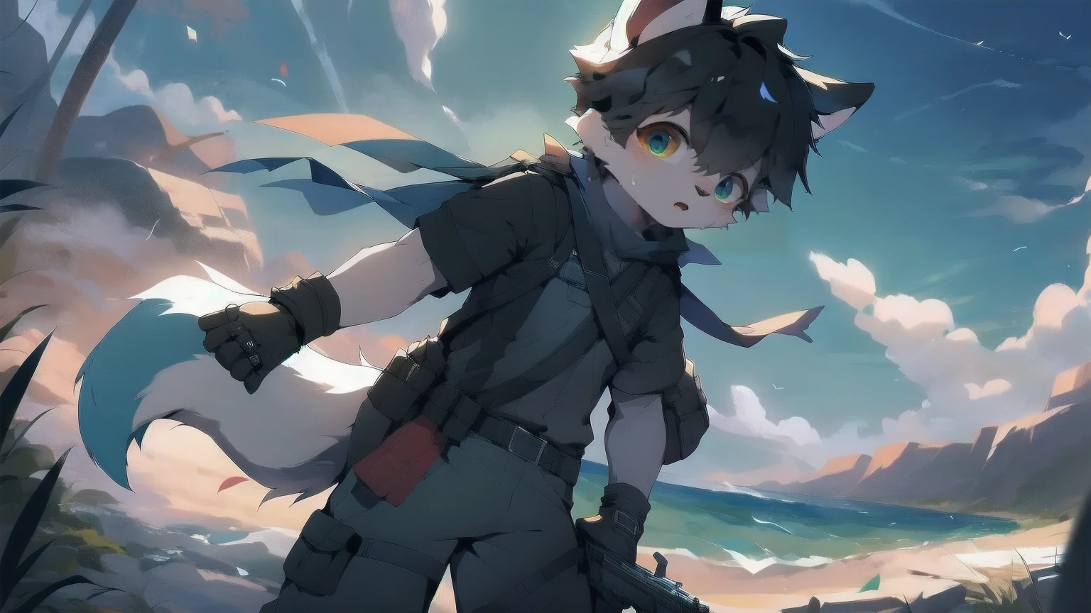 White wolf, male, young, handsome, anime male protagonist, black hair, black ears, furry, sky blue eyes, blue-black military uniform, armband, scarf, wind, black gloves, white furry arms, carrying a gun on his back with the butt exposed, the gun belt pressed on his clothes, wearing tactical goggles, wolf tail, wolf ears, special forces, commando, confident