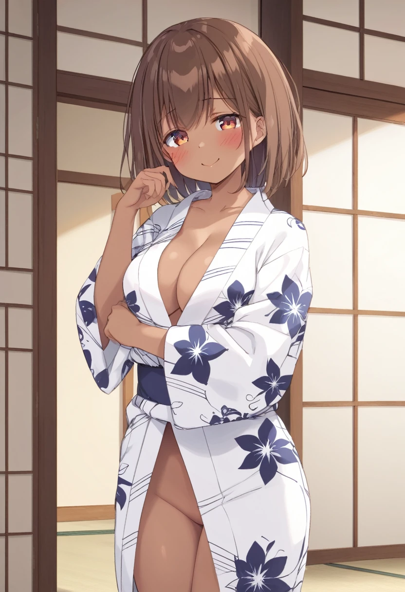 Cute beautiful girl、、naked、(blush:1.5)、Laugh shyly、Brown skin、Open yukata、Beautiful breasts