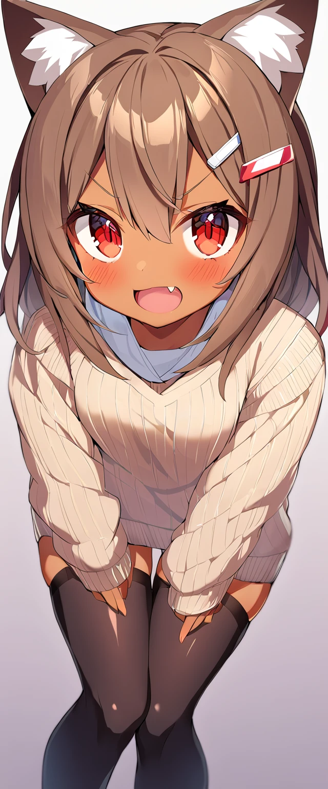 highres,1girl,animal ears,bangs,brown hair,blush,red eyes,open mouth,fang,dark-skinned female,hair between eyes,hair ornament,hairclip,looking at viewer,smile,solo,v-shaped eyebrows,bun hair,thighhighs,underwear,sweater,nekomimi,