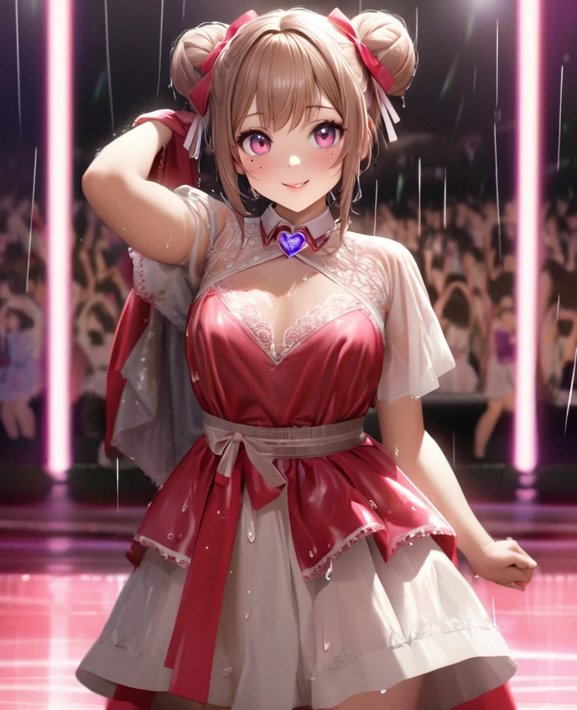 One Girl、Looking at the audience、lovely,
Beautiful pink eyes、Two brown double hair buns , Mole under the eye、Plump and glossy lips、Heart-shaped choca、Idol、Her name is May,smile、ー、。.。.。.。.。.。.。.。.。.。.。.。.。.。.。.。.。.。.3D、Realistic、
The idol's costume was soaked in the heavy rain, and her chest was wet and transparent.Heavy rain at outdoor concert, Drape clothes、gem、The decoration has been removed、Floral、Lace trim,On a glittering stage、
masterpiece、highest quality、8k、Detailed skin texture、Detailed cloth texture、Beautifully detailed face、Intricate details、Very detailed、
超A high resolution、8k Ultra HD、Film Grain、Best Shadow、delicate、Gazing at the audience、front