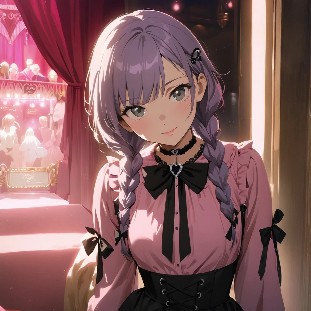 (Cute a girl:1.5), (a girl with closs hair pin,pale purple hair,wavy two braids,bluntbangs hair,green and black eyes,
pink shirt,cosplay, jirai kei, bangs, black skirt, black bow, looking at viewer, bow, long sleeves, choker, ribbon,pink lips,Thick-soled boots,fullbody shot :1.4),boots focus,
(masterpiece:1.3), anime visual, (Lovey-dovey:1.5), (tilt head:1.3), extremely delicate face, soft clean focus, realistic lighting and shading, (an extremely delicate and beautiful art:1.3), elegant, (muted colors:1.1), small breast,slim,The Moulin Rouge in Paris, mysterious pink light, a slightly dark room,look at viewer,smiling,morning lit,