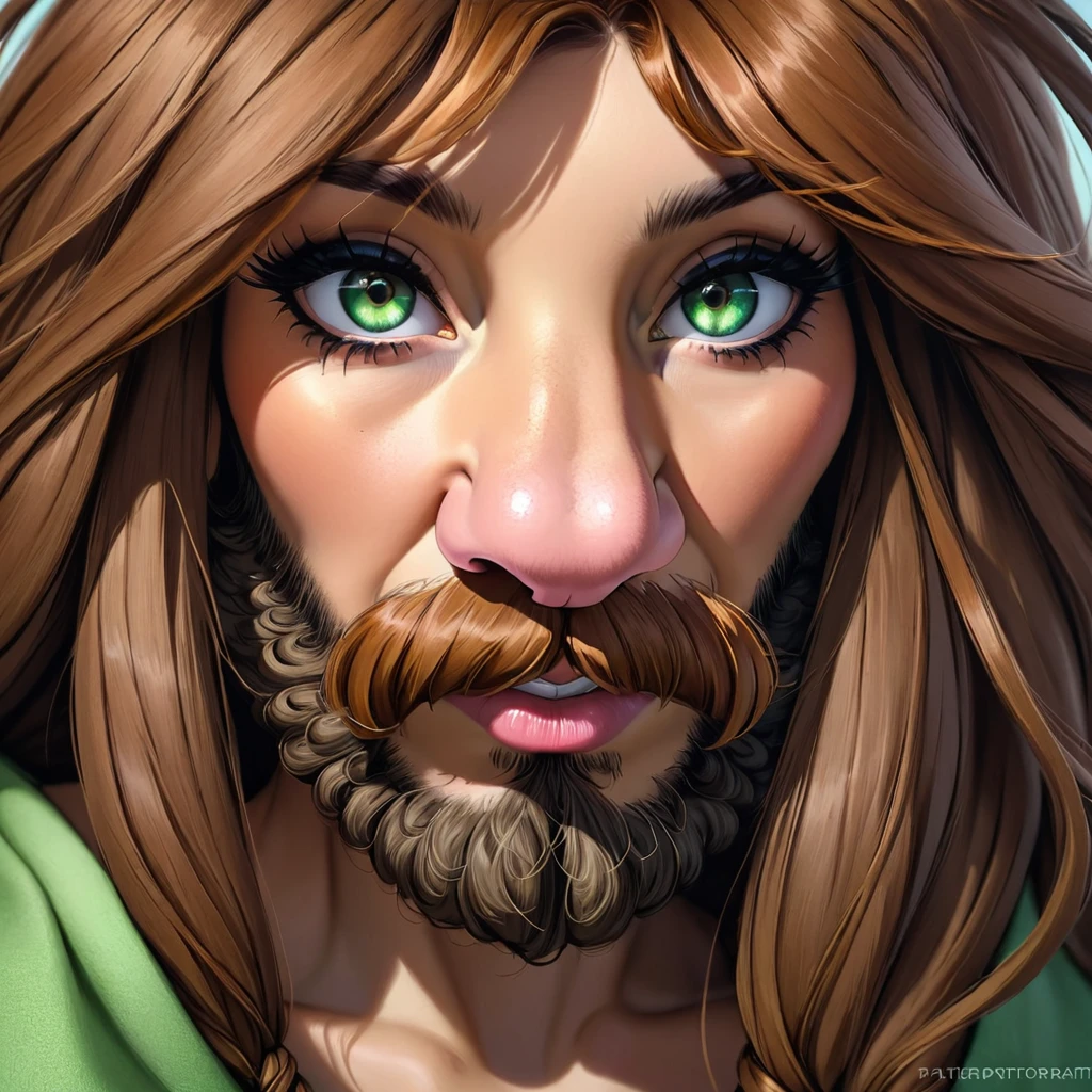 ultra sharp portrait, woman with huge shaggy beard on the cheeks under the eyes, tied brown hair, light green eyes, big nose