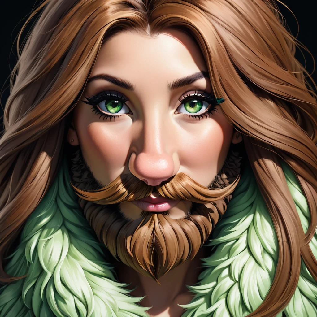 ultra sharp portrait, woman with huge shaggy beard on the cheeks under the eyes, tied brown hair, light green eyes, big nose