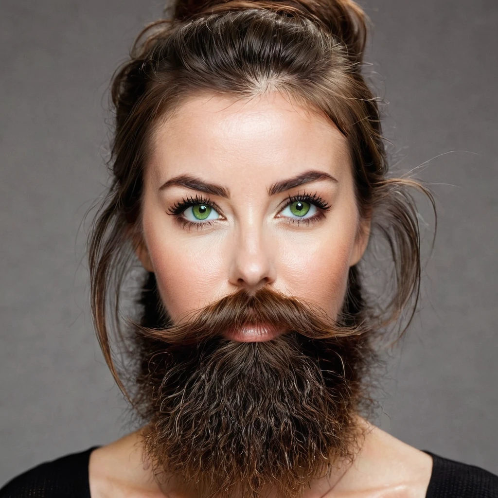 ultra sharp portrait, woman with huge shaggy beard on the cheeks under the eyes, tied brown hair, light green eyes, big nose
