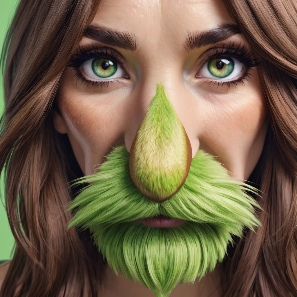 ultra sharp portrait, woman with huge shaggy beard on the cheeks under the eyes, tied brown hair, light green eyes, big nose